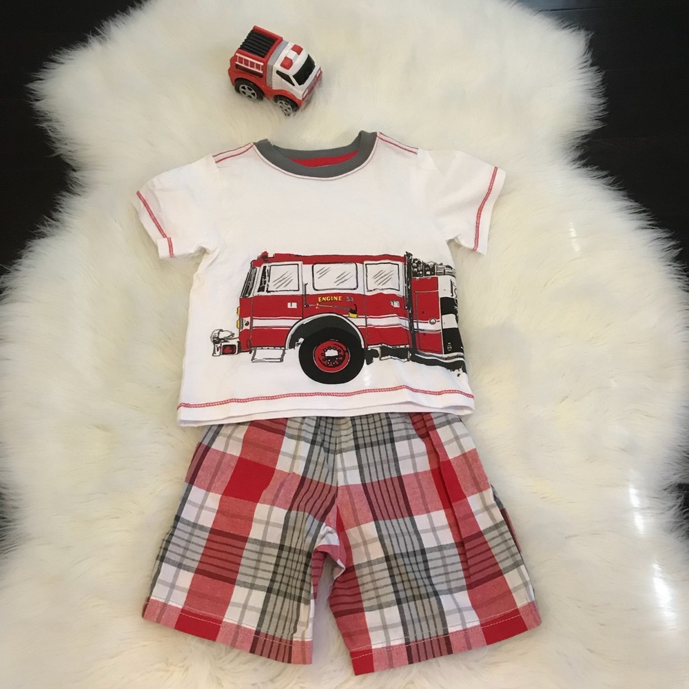 Toddler boy’s fire truck summer outfit